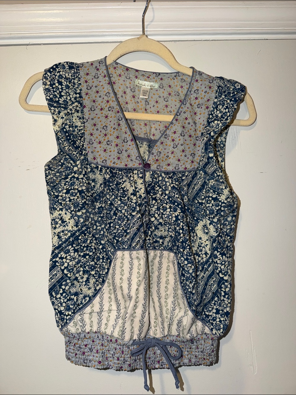 Patchwork Floral Sleeveless Camisole Top - Navy Blue